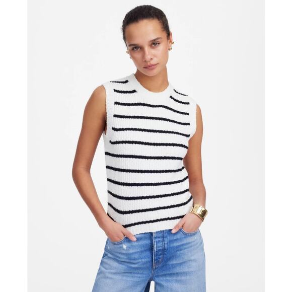 Madewell Bouclé-Knit Sweater Tank WMNS XL Cream Black Stripe Crewneck Pullover - Picture 1 of 8